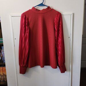 WHBM White House Black Market Red Ribbed Blouse Satin Pleated Sleeves Size S